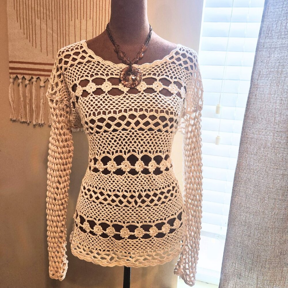 Selection Crochet Long Sleeve Top - Cream/Tan - Y2K, Fairycore, Boho - Size L